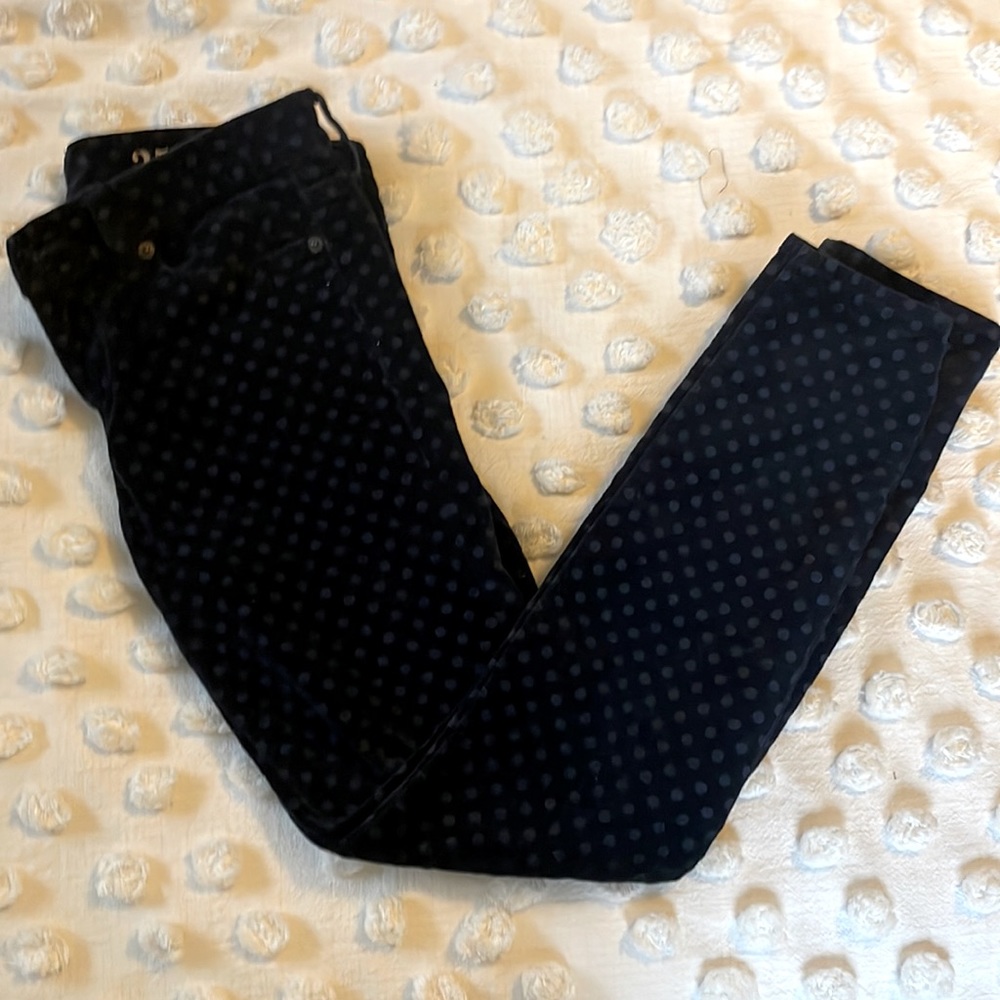 J. Crew navy velour toothpick ankle pants with subtle polka dots.